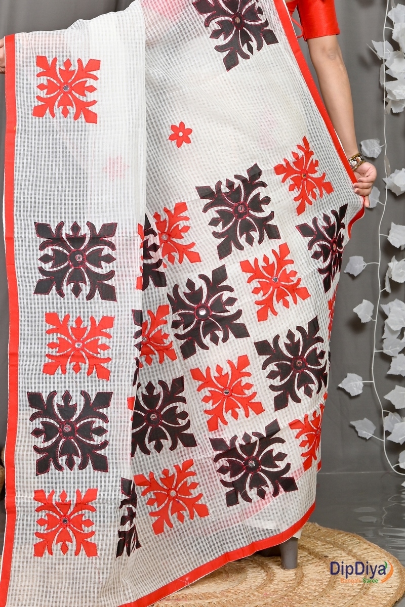 White Red Cotton Variti Aplic Applique Saree (611)